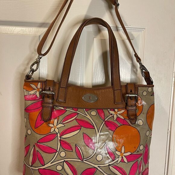 Fossil Key-Per Orange Blossom coated canvas shoulder/crossbody tan leather trim - Picture 5 of 14